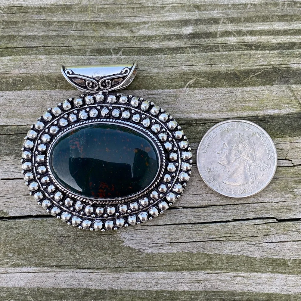 💕Large Oval genuine Bloodstone slider pendant .925 Sterling Silver - Picture 8 of 9